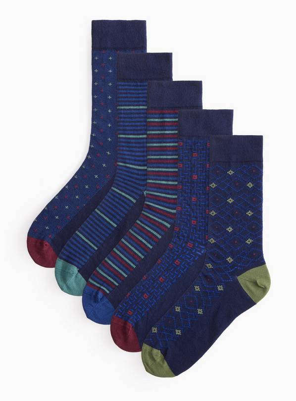 Navy Smart Pattern Ankle Socks 5-Pack 9-12
